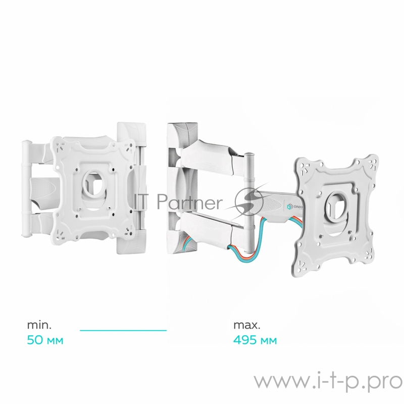 Кронштейн ONKRON Кронштейн ONKRON/ 17-43 макс 200*200 мм, 2 колена, наклон -5º+ 8º, поворот: 180°, от стены 50-495 мм, макс вес 35кг, белый