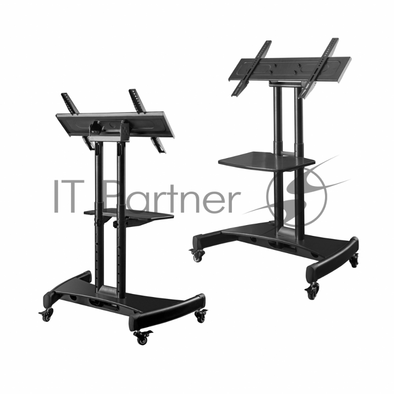 Мобильная стойка ONKRON на 1 для ТВ и сенсорных панелей Мобильная стойка ONKRON на 1 для ТВ и сенсорных панелей/ 32-65 от 200х200 до 400х600 наклон 0-90º макс нагр 60кг Высота 700-1200мм, кабель-канал, регулировка полки по высоте, колесики с блокиров