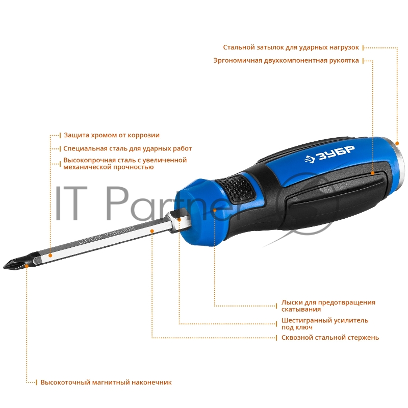 Отвертка ударная ЗУБР Профессионал УДАРНИК 25272-1, сквозной Cr-V стержень, PH1 x 75 мм, усилитель под ключ, магнитный наконечник, двухкомп. рукоятка