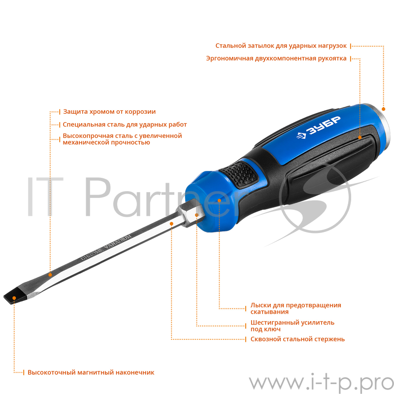 Отвертка ударная ЗУБР Профессионал УДАРНИК 25271-6, сквозной Cr-V стержень, SL6 x 100 мм, усилитель под ключ, магнитный наконечник, двухкомп. рукоятка