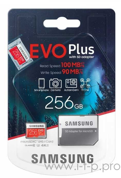 Флеш карта microSD 256GB SAMSUNG EVO PLUS microSDXC Class 10, UHS-I, U3 (SD адаптер) 90MB/s,100MB/s