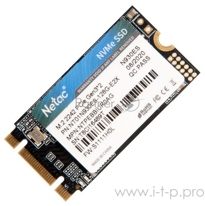 SSD M.2 2242 Netac 128Gb N930ES Series <NT01N930ES-128G-E2X> Retail (PCI-E 3.1 x2, up to 1650/635MBs, 3D TLC, NVMe 1.3, 22х42mm)