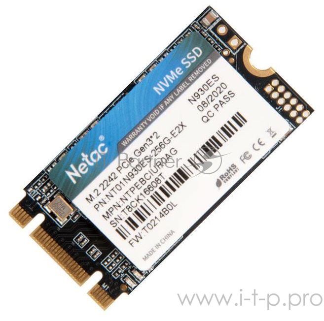 SSD M.2 2242 Netac 256Gb N930ES Series <NT01N930ES-256G-E2X> Retail (PCI-E 3.1 x2, up to 1650/1260MBs, 3D TLC, NVMe 1.3, 22х42mm)