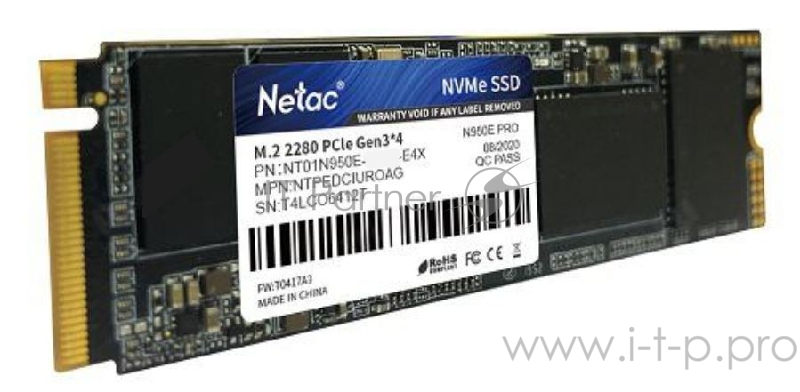 SSD M.2 Netac 1.0Tb N950E Pro Series <NT01N950E-001T-E4X> Retail (PCI-E 3.1 x4, up to 3350/2800MBs, 3D NAND, DDR3 1024Mb, NVMe 1.3, 22х80mm)