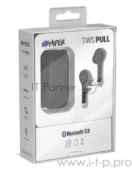 Наушники Hiper TWS PULL Bluetooth 5.0 гарнитура Li-Pol 2x40mAh+400mAh, черный