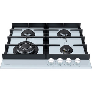 Газовая варочная поверхность HIBERG VM 6044 W ШхГхВ: 58,4х51х10 см электроподжиг газ-контроль мощная чугунная решетка WOK конфорка цвет поверхности: белое закаленное стекло цвет ручек: серебристые