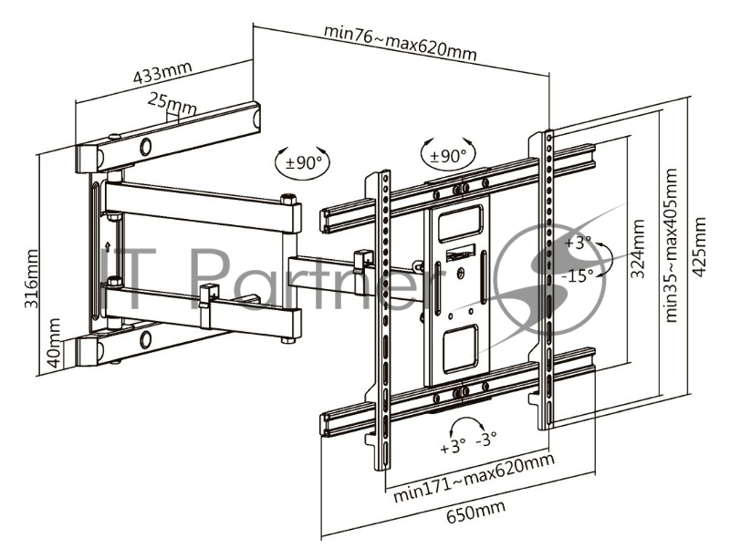 Кронштейн для телевизора Ultramounts UM 911 черный 37-80 макс.50кг настенный поворотно-выдвижной и наклонный