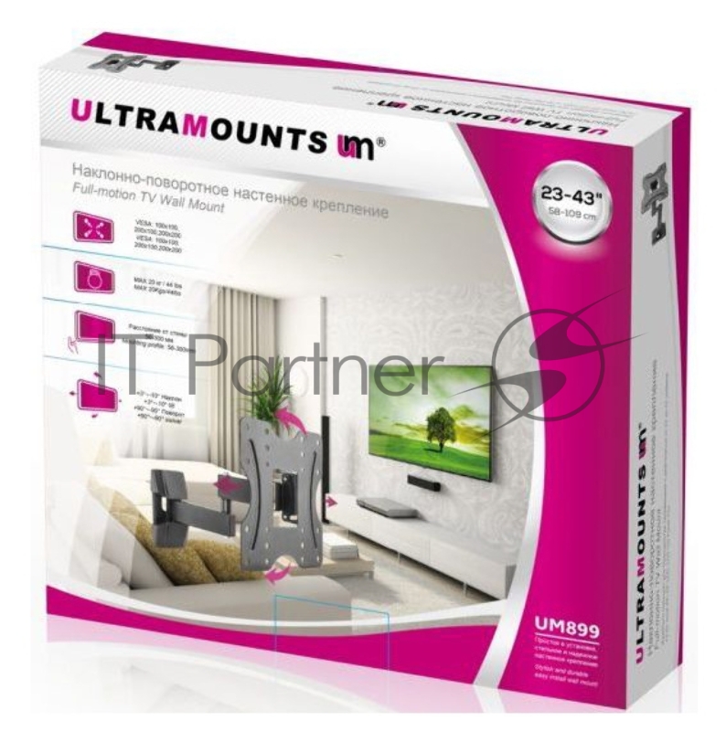 Кронштейн для телевизора Ultramounts UM 899 черный 23-43 макс.20кг настенный поворотно-выдвижной и наклонный