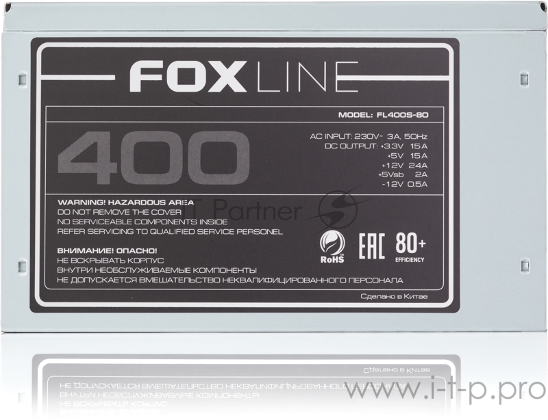 Блок питания 400Вт Power Supply Foxline, 400W, ATX, APFC, 120FAN, CPU 4+4 pin, MB 24pin, 5xSATA, 2xPATA, 1xFDD, 1xPCI-E 6pin, 80+