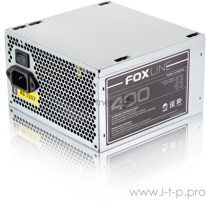 Блок питания 400Вт Power Supply Foxline, 400W, ATX, APFC, 120FAN, CPU 4+4 pin, MB 24pin, 5xSATA, 2xPATA, 1xFDD, 1xPCI-E 6pin, 80+