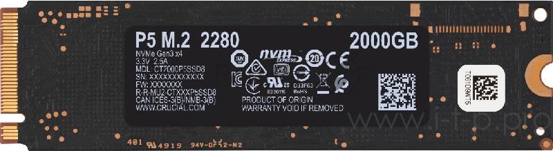Твердотельный накопитель Crucial P5 SSD 2000GB, M.2 (2280), PCIe Gen 3.0, NVMe, R3400/W3000, 1200 TBW