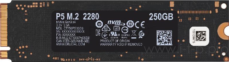 Твердотельный накопитель Crucial P5 SSD 250GB, M.2 (2280), PCIe Gen 3.0, NVMe, R3400/W1400, 150 TBW