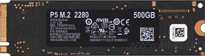 Твердотельный накопитель Crucial P5 SSD 500GB, M.2 (2280), PCIe Gen 3.0, NVMe, R3400/W3000, 300 TBW
