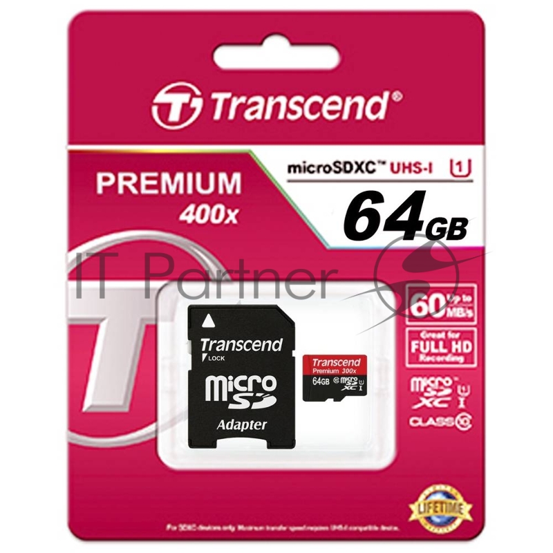Карта памяти 64ГБ Transcend TS64GUSDU1 microSD XC UHS-I Class10 + адаптер