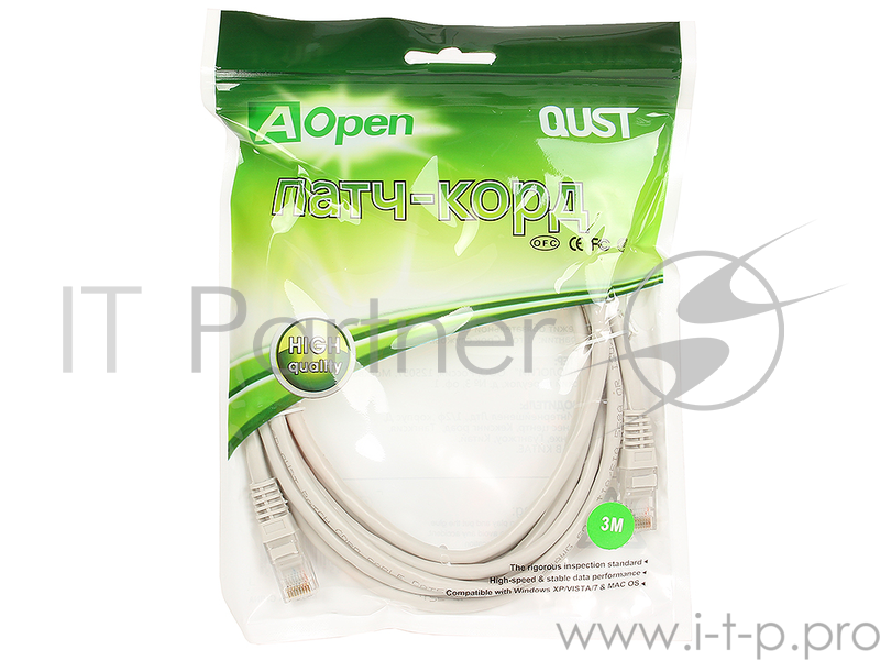 Коммутационный шнур Патчкорд литой Aopen/Qust ANP511_3M UTP кат.5е 3м серый