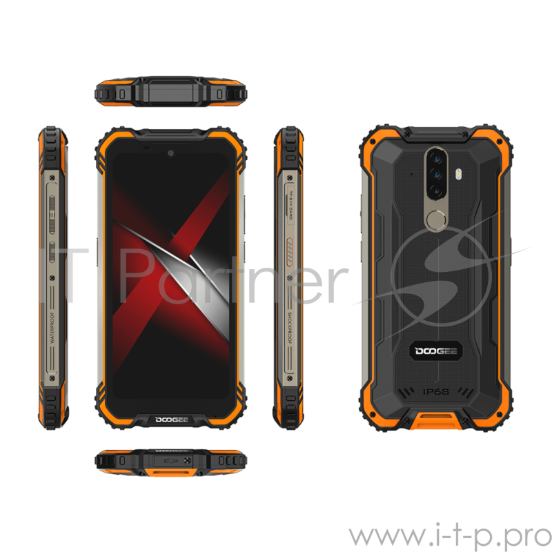 Смартфон Doogee Doogee S58 Pro Fire Orange, 5.71” 19:9 720 x 1520 пикселей, 4x2,0 ГГц+4x1,5 ГГц, 8 Core, 6GB RAM, 64GB, up to 256GB flash, 16 МП+ 2 МП + 2 МП/16Mpix, 2 Sim, 2G, 3G, LTE, BT v5.0, Wi-Fi, NFC, GPS, Type-C, 5180mAh, Android 10, 162,8 ммx