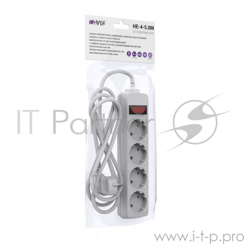 Сетевой фильтр Hiper Сетевой фильтр HIPER 4 розетки с/з с выключателем, 16А, 5м, белый