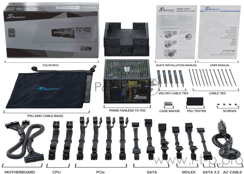 Блок питания Seasonic ATX 700W PRIME Fanless TX-700 80+ titanium 24+2x(4+4) pin APFC 10xSATA Cab Manag RTL