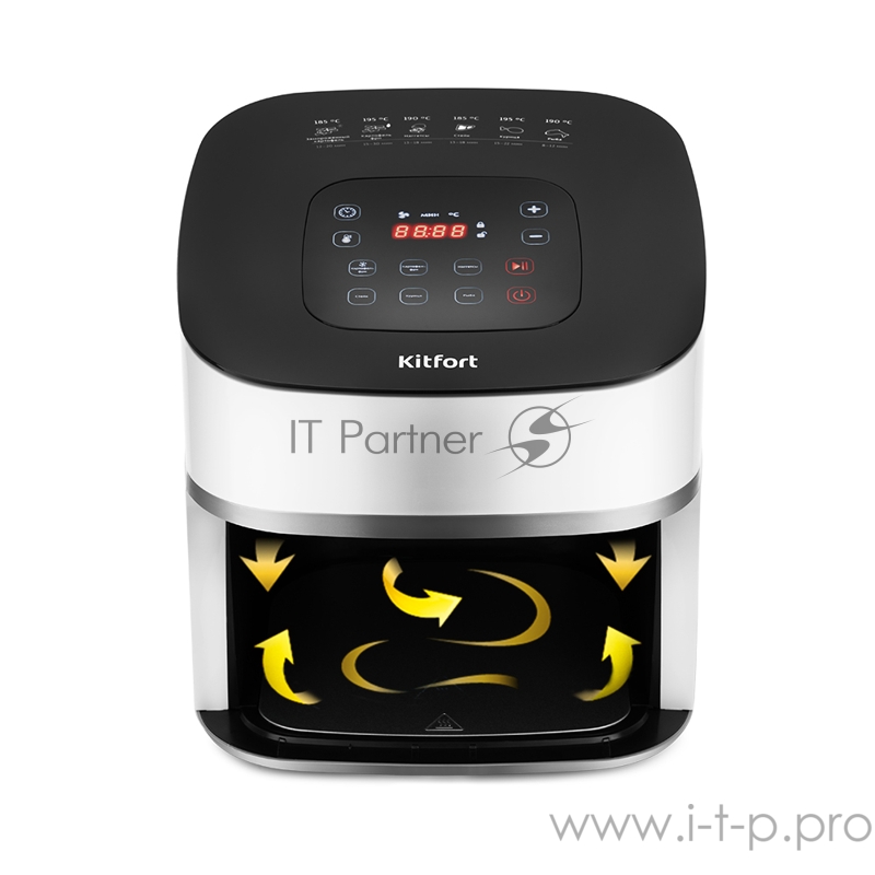 Аэрогриль Kitfort Мощность 1500 Вт.Ёмкость чаши 4,5 л.Таймер 1–60 мин, шаг 1 мин.