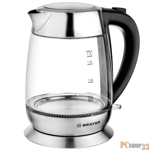 Чайник электрический BRAYER, 2200 Вт, 1,7 л, высокопр.стекло,автооткл, противоскол.основ