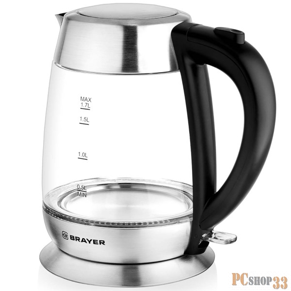 Чайник электрический BRAYER, 2200 Вт, 1,7 л, высокопр.стекло,автооткл, противоскол.основ