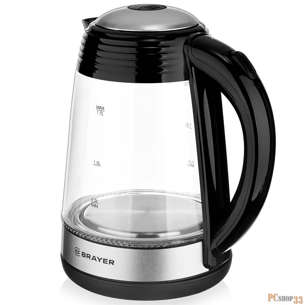 Электрический чайник BRAYER, 2200 Вт, 1,7 л, высококач.стекло, подсвет, автоотключ при закип