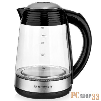 Электрический чайник BRAYER, 2200 Вт, 1,7 л, высококач.стекло, подсвет, автоотключ при закип