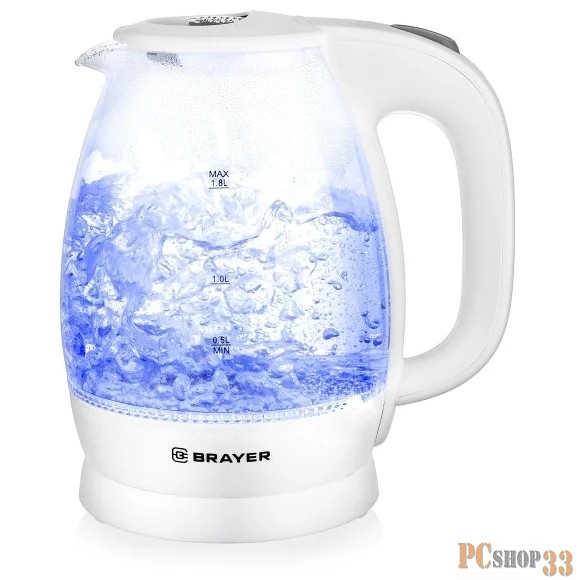 Чайник электрический,BRAYER, 2200 Вт, 1,8 л, высокопроч.стекл, подсвет, автоотк, моющ. Фил