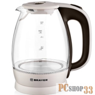 Электрический чайник BRAYER, 2200 Вт, 1,8 л, высококач. стекло, моющ. фильтр,поворот.осно