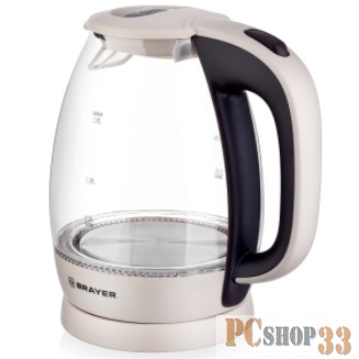 Электрический чайник BRAYER, 2200 Вт, 1,8 л, высококач. стекло, моющ. фильтр,поворот.осно