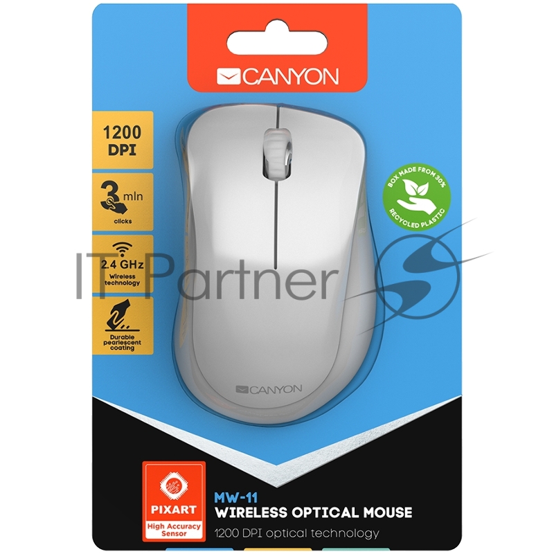 Мышь Canyon 2.4 GHz Wireless mouse ,with 3 buttons, DPI 1200, Battery:AAA*2pcs ,pearl white grey67*109*38mm 0.063kg