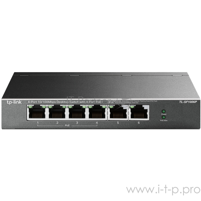 Коммутатор 4-port 10/100Mbps Unmanaged PoE+ Switch with 2 10/100Mbps uplink ports, meta case, desktop mount, 4 802.3af/at compliant PoE+ port, 2 10/100Mbps uplink ports, DIP switches for Extend mode, Isolation mode and Priority mode, up to 250m PoE p
