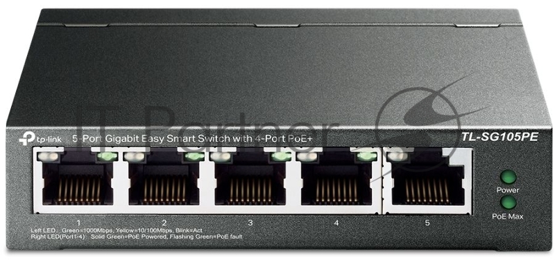 Коммутатор 5-Port Gigabit Easy Smart Switch with 4-Port PoE+, metal case, desktop mount, PoE budget 65W, support 802.1q VLAN, QoS, Port Isolation, Loop Prevention, IGMP, PoE Extend mode, easy management via Web UI and Easy Smart Utility.