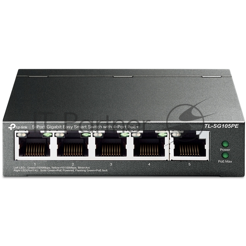 Коммутатор 5-Port Gigabit Easy Smart Switch with 4-Port PoE+, metal case, desktop mount, PoE budget 65W, support 802.1q VLAN, QoS, Port Isolation, Loop Prevention, IGMP, PoE Extend mode, easy management via Web UI and Easy Smart Utility.