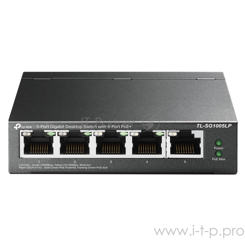 Коммутатор 5-Port Gigabit Unmanaged Switch with 4-Port PoE+, metal case, desktop mount, PoE budget 40W.