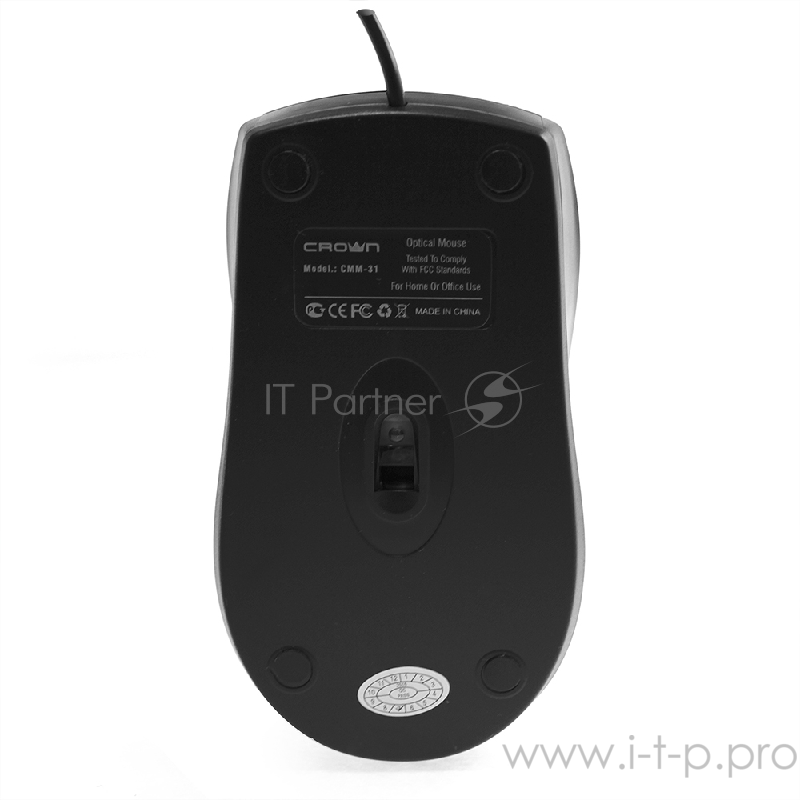 Мышь CROWN CMM-31 (Black) (3 кнопки 1000DPI Длина провода: 1.3м USB Soft-touch пластик ,Plug & Play)