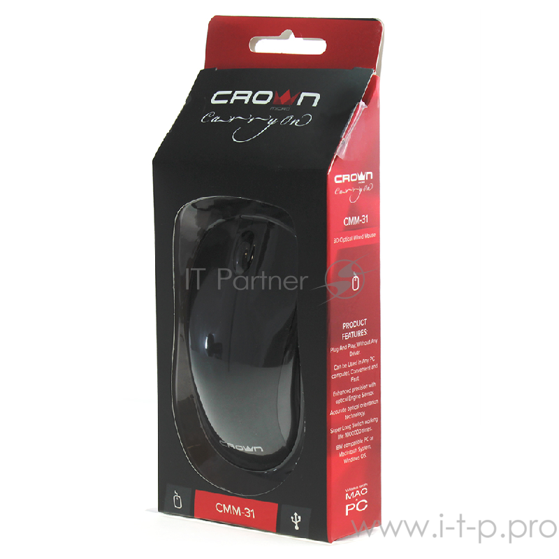 Мышь CROWN CMM-31 (Black) (3 кнопки 1000DPI Длина провода: 1.3м USB Soft-touch пластик ,Plug & Play)