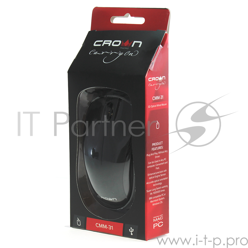 Мышь CROWN CMM-31 (Black) (3 кнопки 1000DPI Длина провода: 1.3м USB Soft-touch пластик ,Plug & Play)