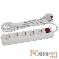 ЭРА Удлинители бытовые, Сетевые фильтры ЭРА Б0019234 Удлинитель U-5es-5m с заземлением с выключателем 5 гнезд 5 м {полипропилен, 3х1 мм2}