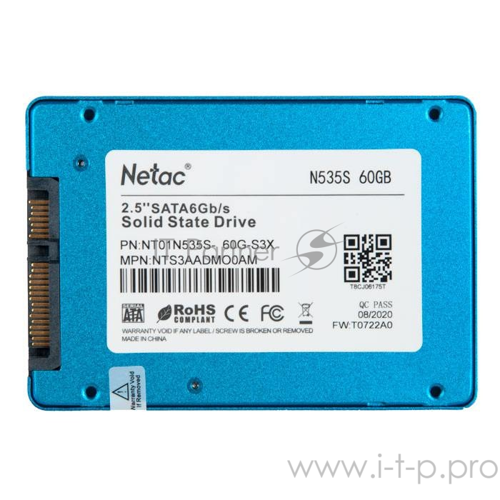 Накопитель SSD 2.5 Netac 60Gb N535S Series <NT01N535S-060G-S3X> Bulk (SATA3, up to 400/200MBs, 3D TLC, 7mm)