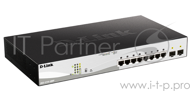 Коммутатор D-Link DGS-1210-10MP/FL1A, L2 Managed Switch with 8 10/100/1000Base-T ports and 2 1000Base-X SFP ports (8 PoE ports 802.3af/802.3at (30 W), PoE Budget 130 W).8K Mac address, 802.3x Flow Control, 256