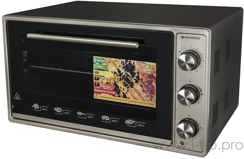 Мини-печь MAUNFELD CEMOB.363.S1 Мини-печь MAUNFELD CEMOB.363.S1/ Электрическая мини-печь, 50см, 1300 Вт, механический программатор, решетка для гриля, прямоугольный противень, круглый противень , нержавеющая сталь