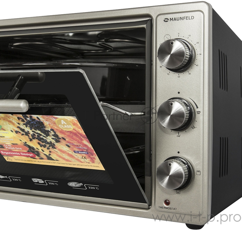 Мини-печь MAUNFELD CEMOB.363.S1 Мини-печь MAUNFELD CEMOB.363.S1/ Электрическая мини-печь, 50см, 1300 Вт, механический программатор, решетка для гриля, прямоугольный противень, круглый противень , нержавеющая сталь