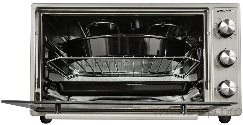 Мини-печь MAUNFELD CEMOB.363.S1 Мини-печь MAUNFELD CEMOB.363.S1/ Электрическая мини-печь, 50см, 1300 Вт, механический программатор, решетка для гриля, прямоугольный противень, круглый противень , нержавеющая сталь