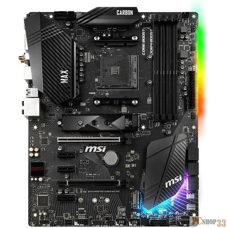 Материнская плата MSI B450 GAMING PRO CARBON MAX WIFI Soc-AM4 AMD B450 4xDDR4 ATX AC`97 8ch(7.1) GbLAN RAID+DVI+DP