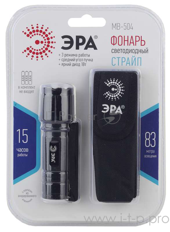 Фонари ЭРА Б0030197 Фонарь MB-504 Страйп {1х1 Вт светодиод, алюминий, ремешок для запястья, черный цвет, 3хААА в комплект не входят}
