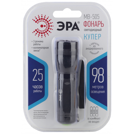 Фонари ЭРА Б0030198 Фонарь MB-505 Купер {1х3 Вт светодиод, коллиматорная линза 6 град, алюминий, ремешок для запястья, черный цвет, 3хААА в комплект не входят}