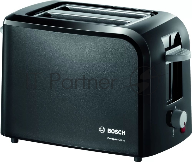 Тостер BOSCH TAT3A013 БошCompactClass, 900Вт, корпус пластик., цвет черный 2 отдел, регулятор уровня поджаривания, высокий подъем тостов, интегр. решетка для булок, поддон для крошек