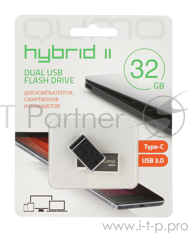 Накопитель QUMO 32GB Hybrid 2 USB 3.0 c двумя коннекторами для подключения к телефону c поддержкой OTG через USB Type-C и РС через USB. (QM32GUD3-Hyb2)