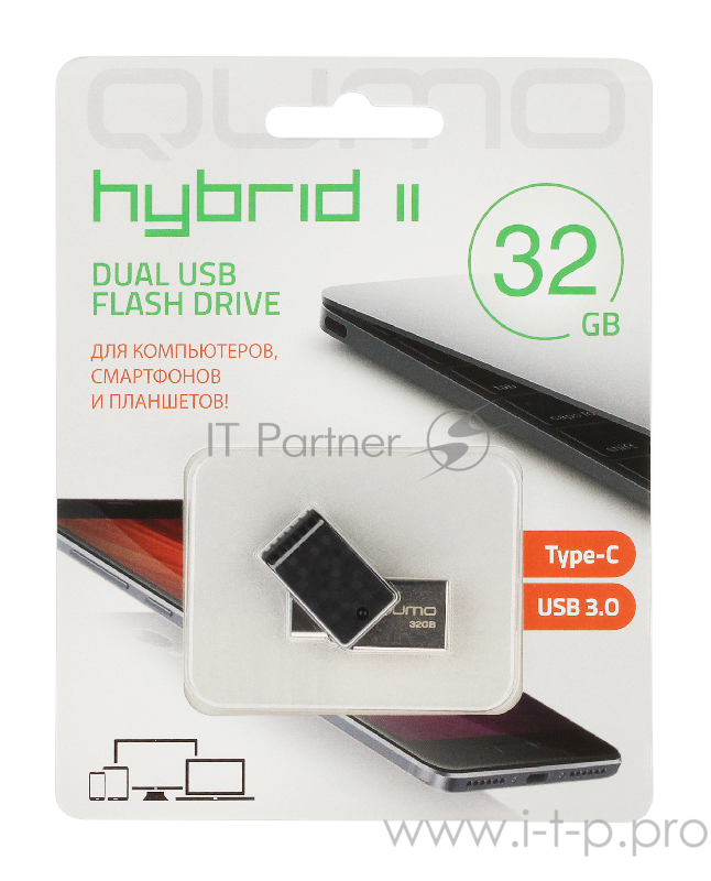 Накопитель QUMO 32GB Hybrid 2 USB 3.0 c двумя коннекторами для подключения к телефону c поддержкой OTG через USB Type-C и РС через USB. (QM32GUD3-Hyb2)